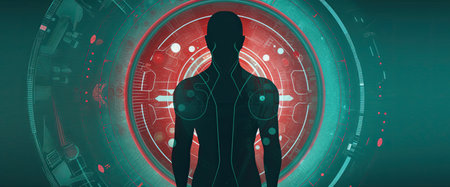 Digital illustration of human body in digital background. Future technology concept.の素材