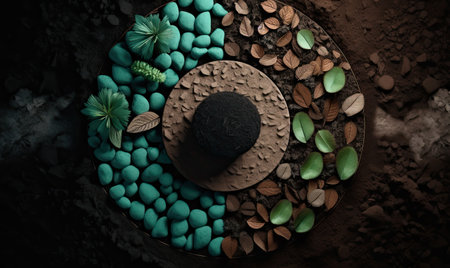 3d rendering of a black stone surrounded by succulents and leavesの素材