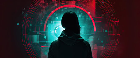 Silhouette of hacker in hoodie against media background with HUD elementsの素材