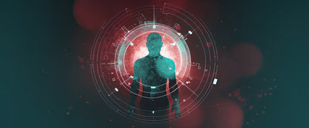 Digital composite of digital interface with human silhouette against green background with circlesの素材