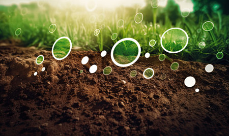 Organic farming and agriculture concept. Cropped image of young green sprouts growing on fertile soil with eco iconsの素材