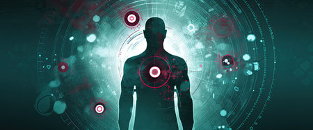 Digital composite of digital interface with human silhouette against blue background with circlesの素材