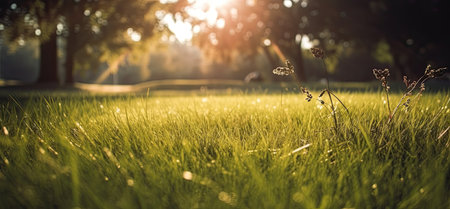 Grass in the morning sunlight. Beautiful natural background with copy space.の素材