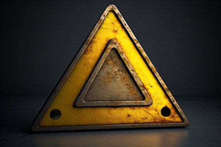 Old rusty warning triangle on dark background. 3d render illustration.の素材