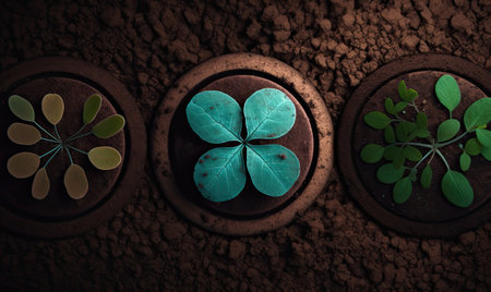 Ecology concept with green plant on soil background. 3D renderingの素材
