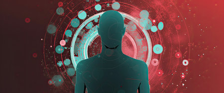 Digital composite of Silhouette of a man with high tech interfaceの素材