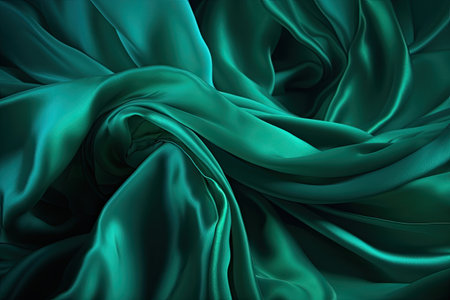 Closeup of rippled green silk fabric background. 3d render illustrationの素材