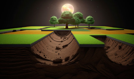 3d render of a green field with trees and a full moonの素材