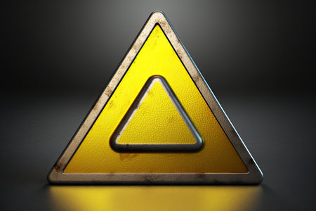 Yellow triangle warning sign on black background. 3d illustration. Square shape.の素材