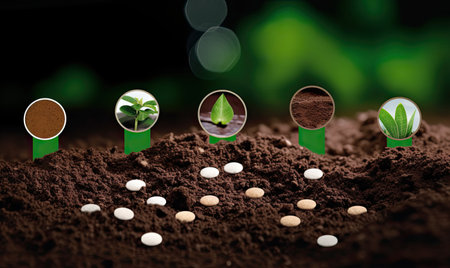 Coffee seedlings growing in fertile soil. Concept of growing your businessの素材