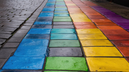 Colorful paving slabs in the street. Multi-colored paving slabs.の素材