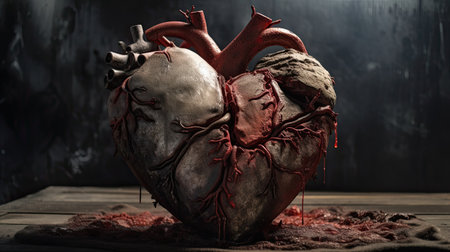 Human heart with antlers and blood on a dark background. 3d renderingの素材
