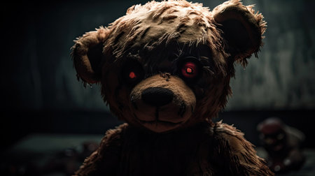 Portrait of a teddy bear with red eyes in a dark roomの素材