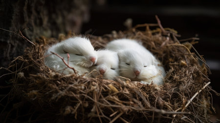 Cute white rabbits in the nest. Selective focus with shallow depth of field.の素材