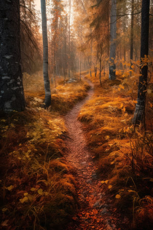 Path in the autumn forest. Autumn landscape. Forest path in the autumn forest.の素材