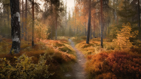 Beautiful autumn landscape with path in the forest. Panorama.の素材