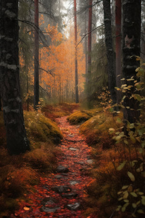 Autumn landscape with a path through the forest. Colorful autumn forest.の素材
