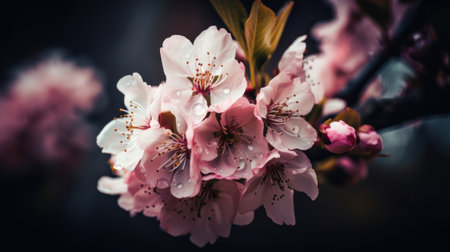 Branch of cherry blossoms with water drops on a dark backgroundの素材