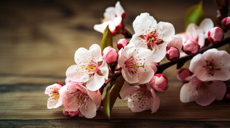 cherry blossom on wooden background with copy space, soft focusの素材