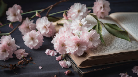 Bouquet of sakura flowers and open book on black backgroundの素材