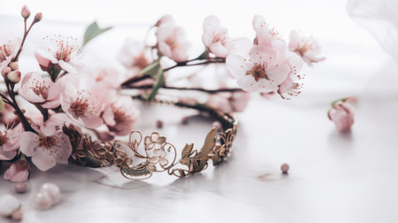 Wedding rings and flowers on a marble background. Selective focus. nature.の素材