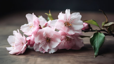 cherry blossom on wooden background with copy space, soft focusの素材