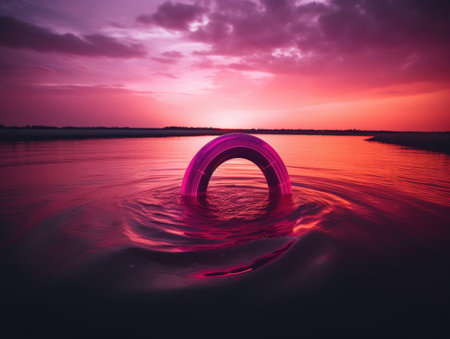 Colorful sunset over the sea with an inflatable ring in the waterの素材