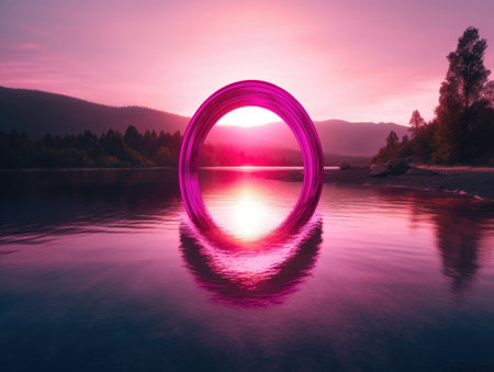 Abstract circular frame on the background of a lake and mountains at sunsetの素材
