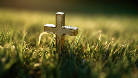 Golden cross on the green grass in the evening. Shallow depth of field.の素材
