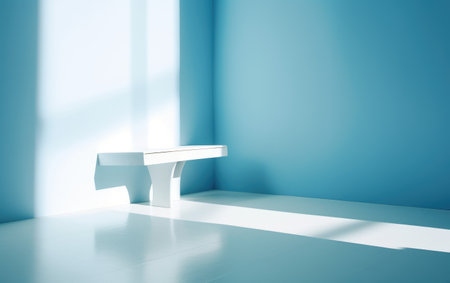 3d rendering of a white bench in a blue room with sunlightの素材