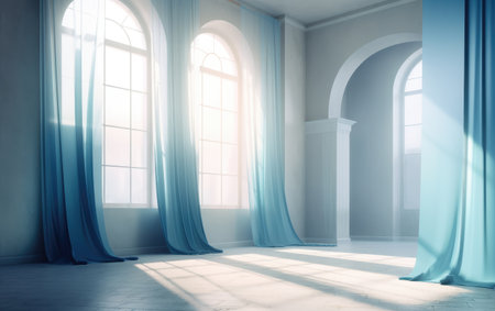 interior of empty room with blue curtains and sun light. 3d renderingの素材