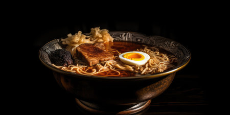 Japanese ramen noodle with egg in metal bowl on black backgroundの素材