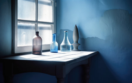 Empty bottles on the windowsill in a dark room. Blue backgroundの素材