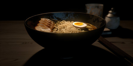 japanese ramen noodle in black bowl on wooden tableの素材