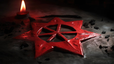 Red Star of David and Burning Candle on Black Background. Selective focusの素材