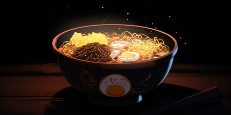 Ramen noodle in a bowl with chopsticks on black backgroundの素材