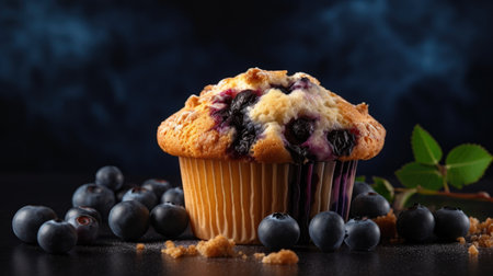 Blueberry muffin with fresh berries and sugar on a black backgroundの素材