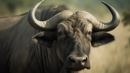 Portrait of a wild African buffalo in the Chobe National Park, Botswana.の素材