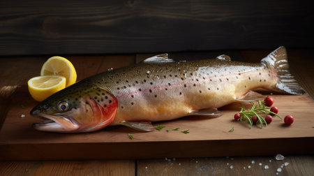 Fresh raw rainbow trout with lemon and rosemary on wooden board over dark wooden backgroundの素材