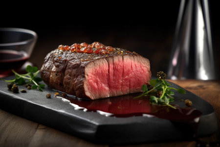 Grilled beef steak with red wine on a wooden background. Restaurantの素材