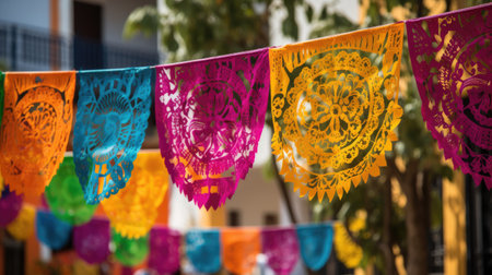 Colorful paper lanterns hanging in the streets of Cancun, Mexicoの素材