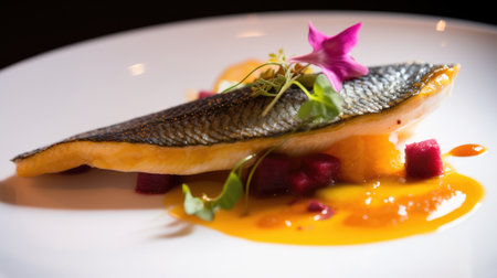 salmon fillet with mango sauce on a white plate in a restaurantの素材