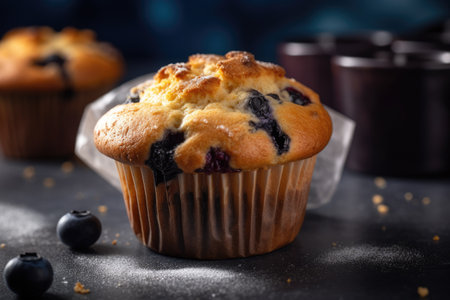 Blueberry muffins on a black background. Selective focus.の素材