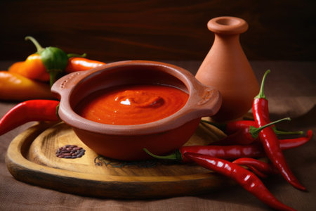 Spicy chilli sauce in a clay pot on a wooden backgroundの素材