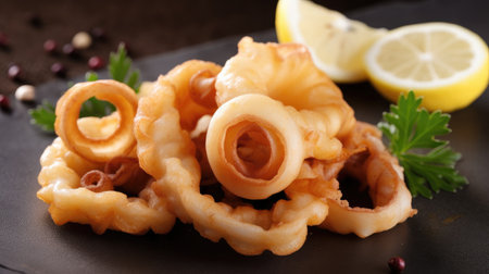 Fried squid rings with lemon and parsley on a black plateの素材