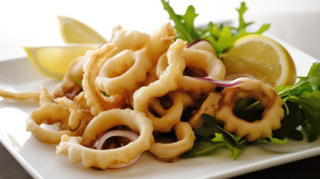 Fried squid rings with lemon and arugula on white plateの素材