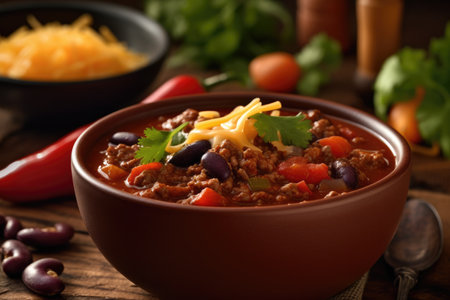 Chili con carne in bowl with grated cheese on wooden tableの素材