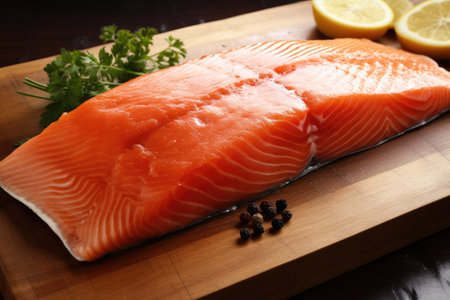 salmon fillet with lemon and parsley on wooden cutting boardの素材