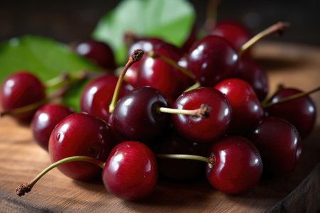 Fresh cherries on a wooden table, close-up, selective focusの素材