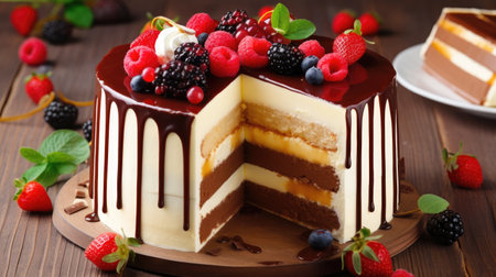 Delicious chocolate cake with berries on brown wooden table, closeupの素材